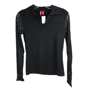 525 America‎ Womens Polo Size Small  Black Lace Patterned Long Sleeve Collar NWT